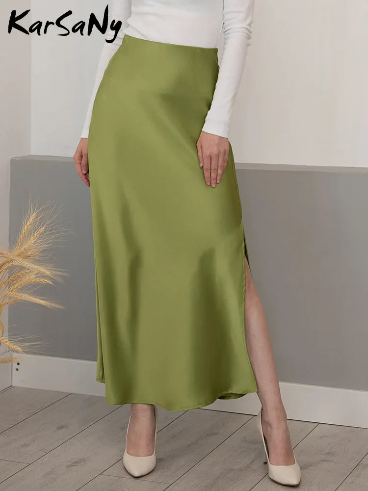Silk Satin Skirts for Women Summer Casual Style A-line Solid Color Elastic High Waist Side Slit Champagne Skirt