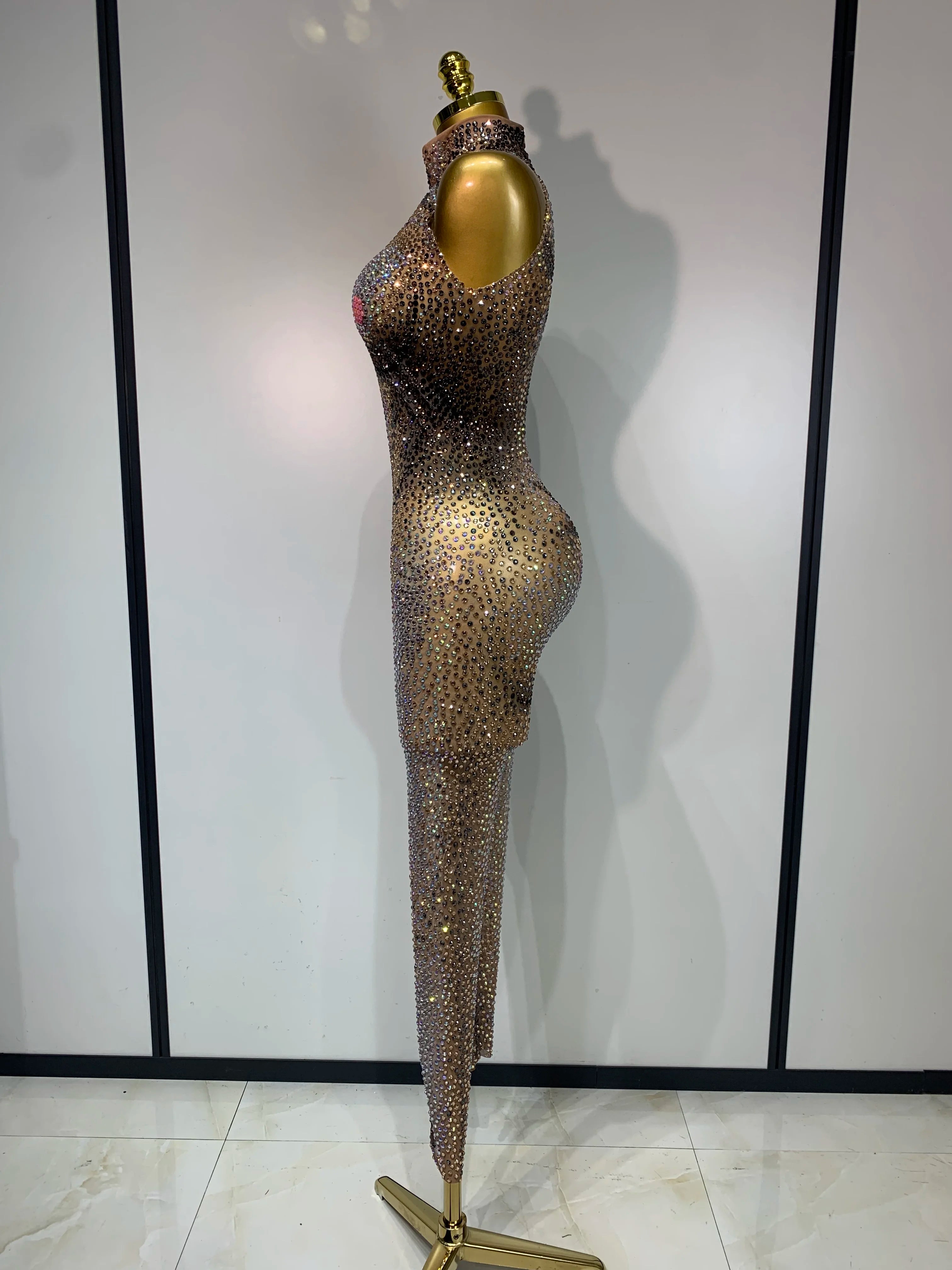 Luxury Rhinestones Mesh See Through Bodycon Jumpsuit Sparkly Nightclub Birthday Party Singer Dancer Stage Performance Costume