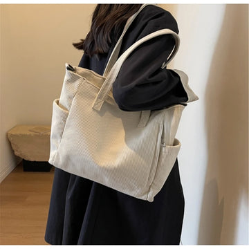 Women's Handbag Corduroy Shopper Shoulder Bag Casual Large Capacity Crossbody Bags College Student Bookbag Laptop Tote Bag