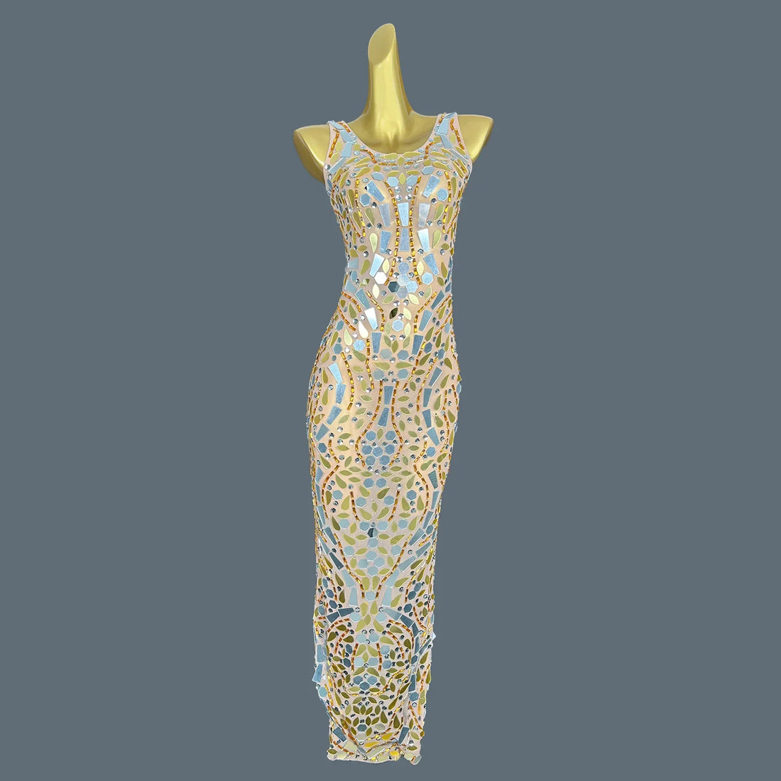 Young Lady Formal Wear Sexy Mesh Sparkling Mirrors Stretch Maxi Long Dress Dinner Party Costume Club Prom Stage Wear Fenglinghua as photo