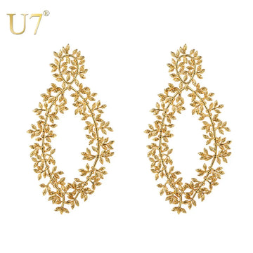 U7 Femmes Boucles d'oreilles Bohemian Hollow Drop Bringon Brougette Big Leaf Gold Couleur vintage Bijoux de mode pour la fête des mères
