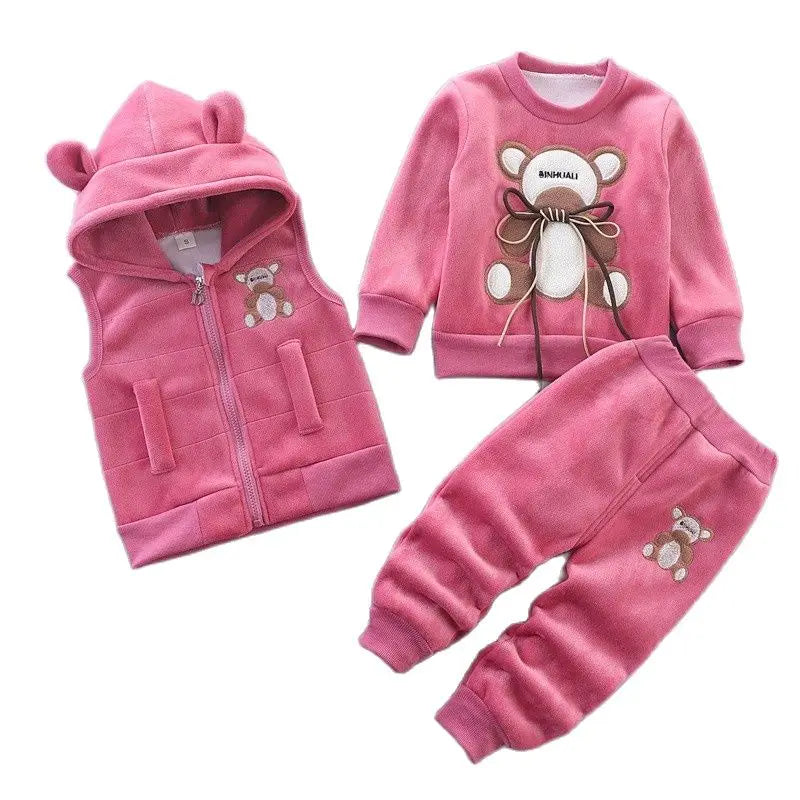 Cartoon Bear Winter Warm Velvet Plush Lining Hooded Vest+Shirt+Pants 3Pcs Suit Kids Toddler Set Boys Girls Autumn Casual Clothes