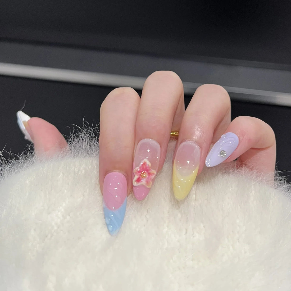 10Pcs Medium Almond Nail Tips Art with Colorful French 3D Flowers Wave Stripe Beauty Nails Artificial Wearable False Nails Tools