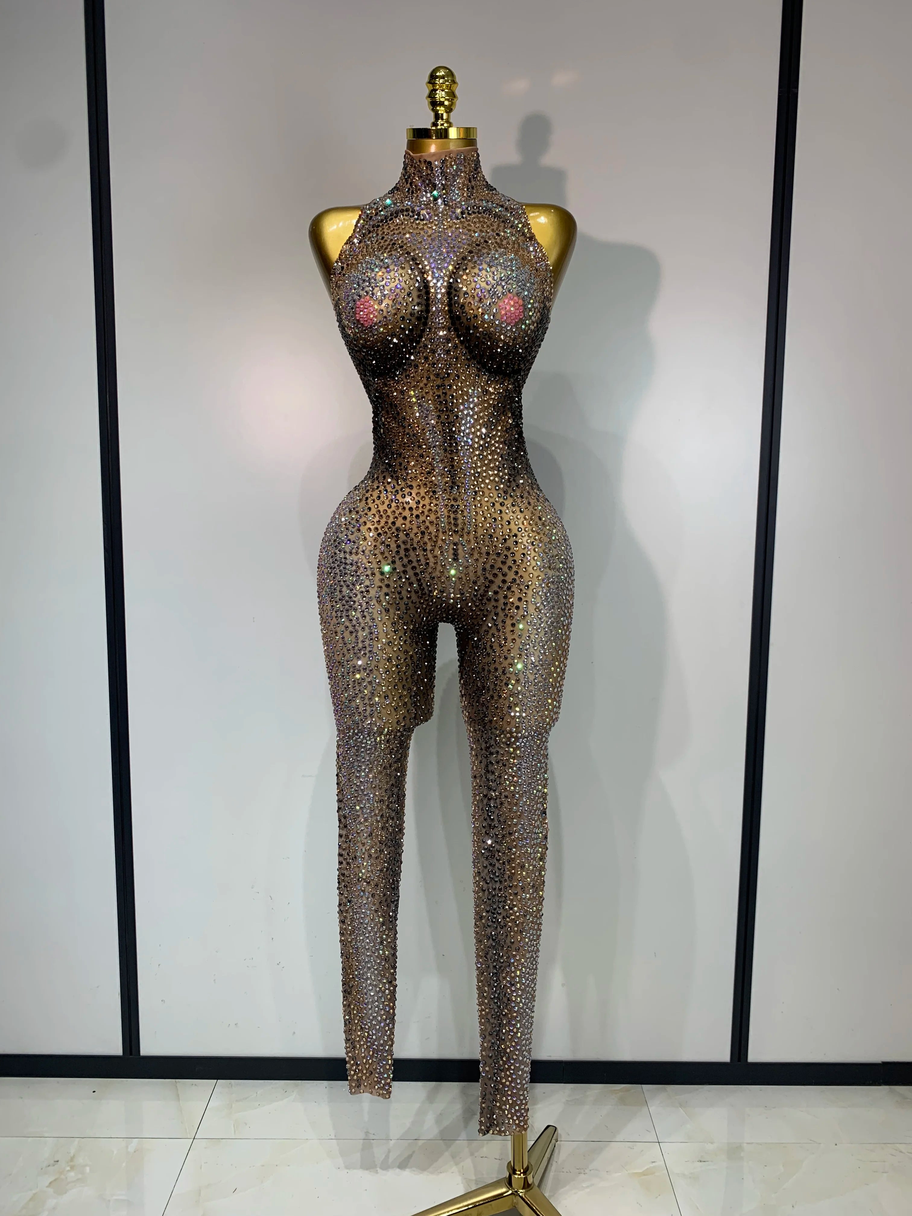 Luxury Rhinestones Mesh See Through Bodycon Jumpsuit Sparkly Nightclub Birthday Party Singer Dancer Stage Performance Costume