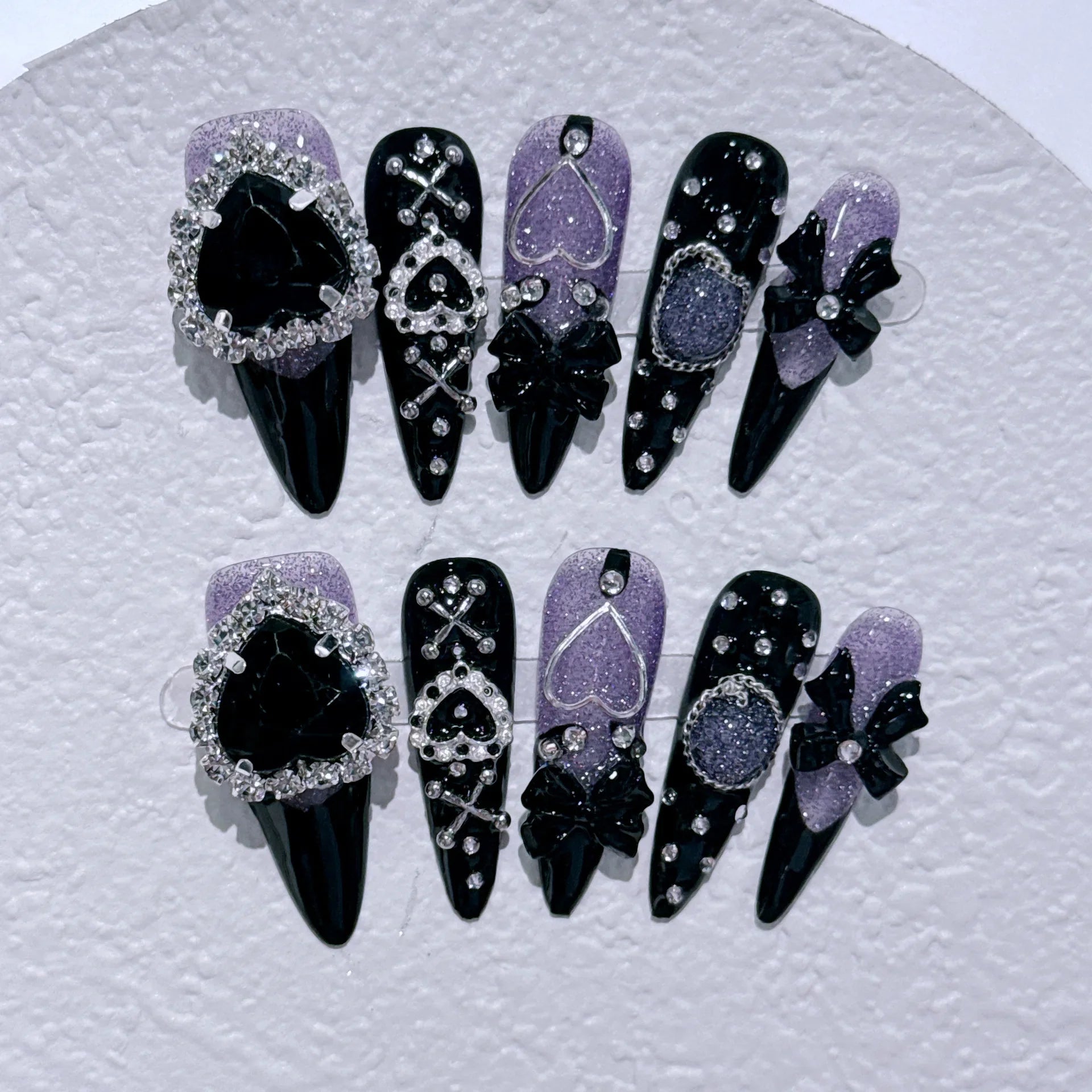 10Pcs False Nails with Rhinestone Cat Eye Press on Nails with Tool Glitter French Fake Nails Handmade Almond Full Cover Nail Art