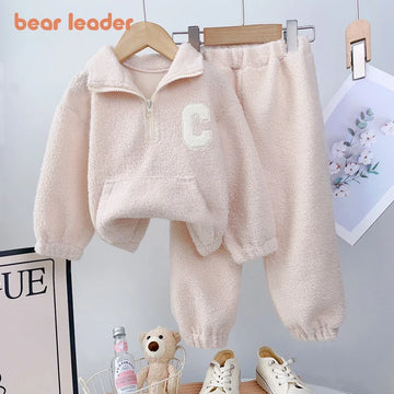 Bear Leader Girls' Set Children's Autumn New Lamb Fleece Standing Collar Pullover Top+Pants Two Piece Kids' Fashion Set