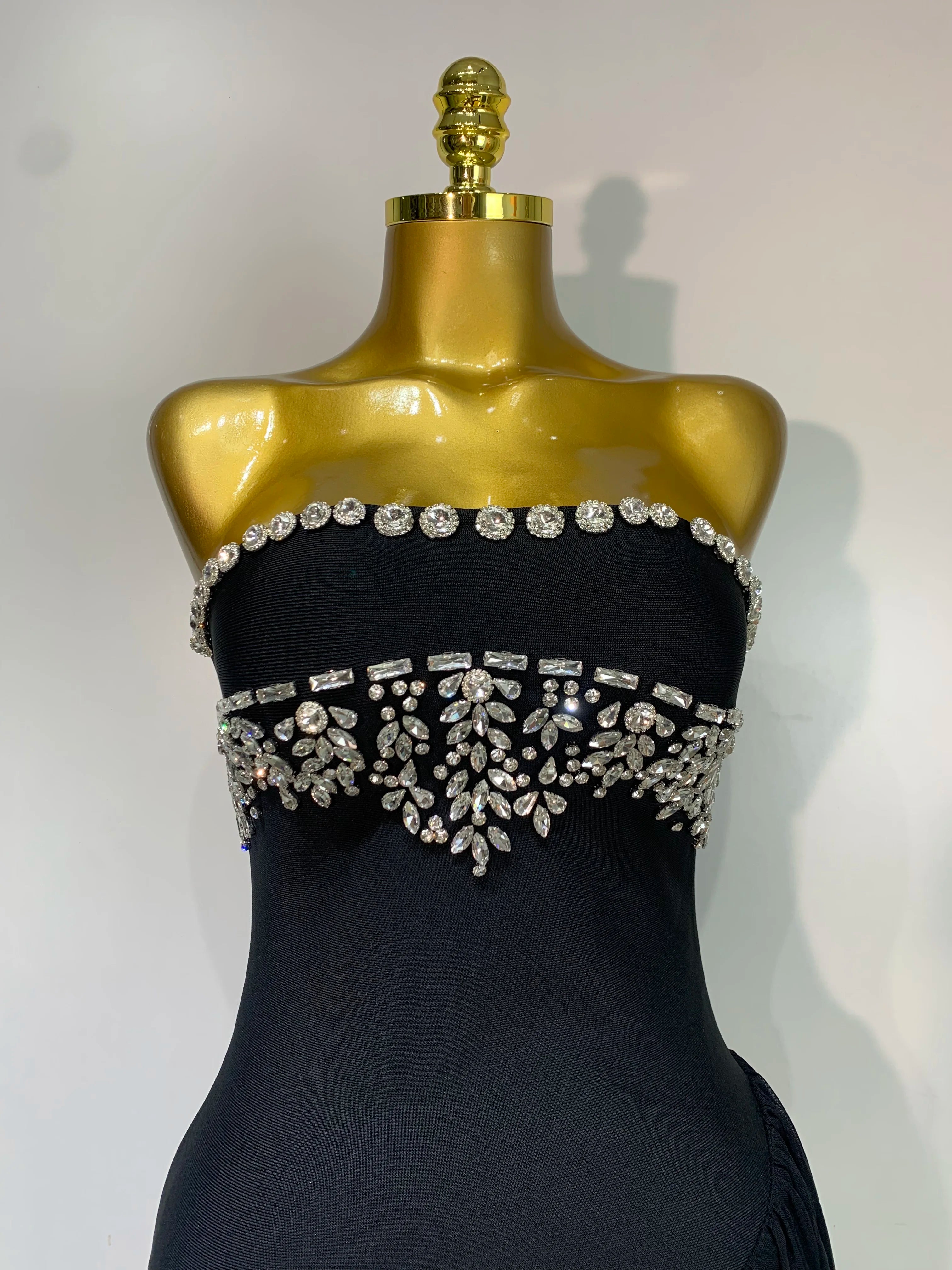 Sexy Strapless Mesh Patchwork Bodycon Bandage Dresses Celebrity Elegant Black Diamonds Slim Evening Party Club Birthday Dress