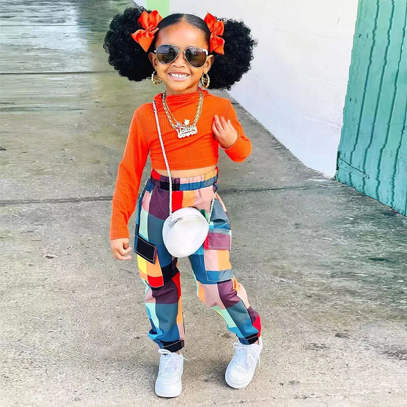 Kids Clothes Sets Two Piece tops+Patchwork Pants Tracksuits Sport Street Style Y2K Children's Sets For Girls 1-8Years