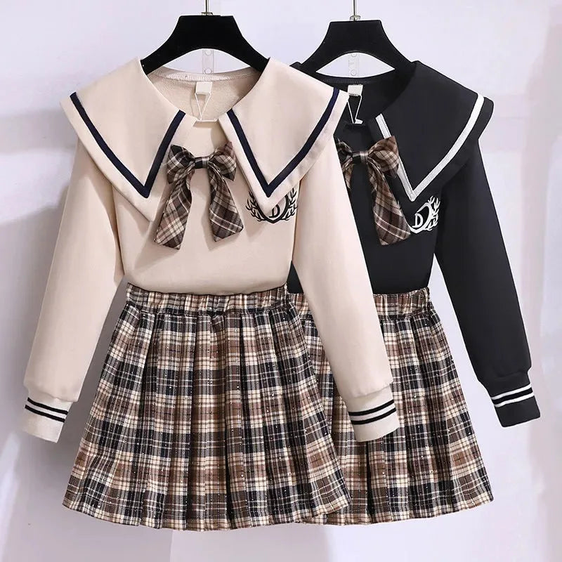 Girls Autumn JK Skirt Sweatshirt Set Cotton Kids Navy Collar Long Sleeve Top Plaid Pleated Skirt Spring School Clothing Trends