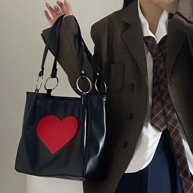 Y2K Handbag Women Heart Printing Soft PU Leather Shoulder Bag Large Capacity Tote Bag Luxury Lady Shopping Bag 2024 New