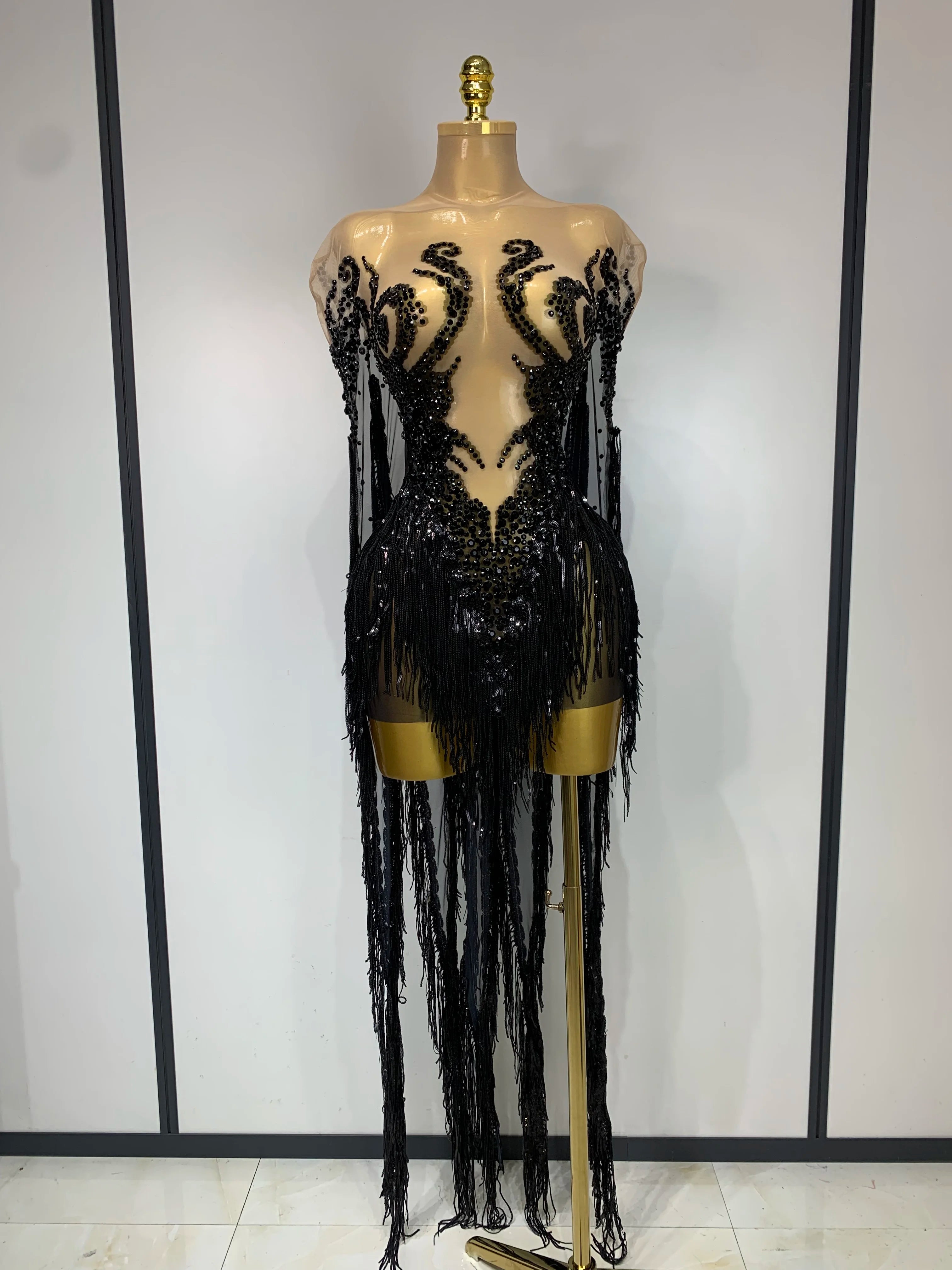 Blue Rhinestone Tassel See Through Mesh Dress Stage Performance Clothes Luxury Birthday Evening Parrty Photo Shoot Dress