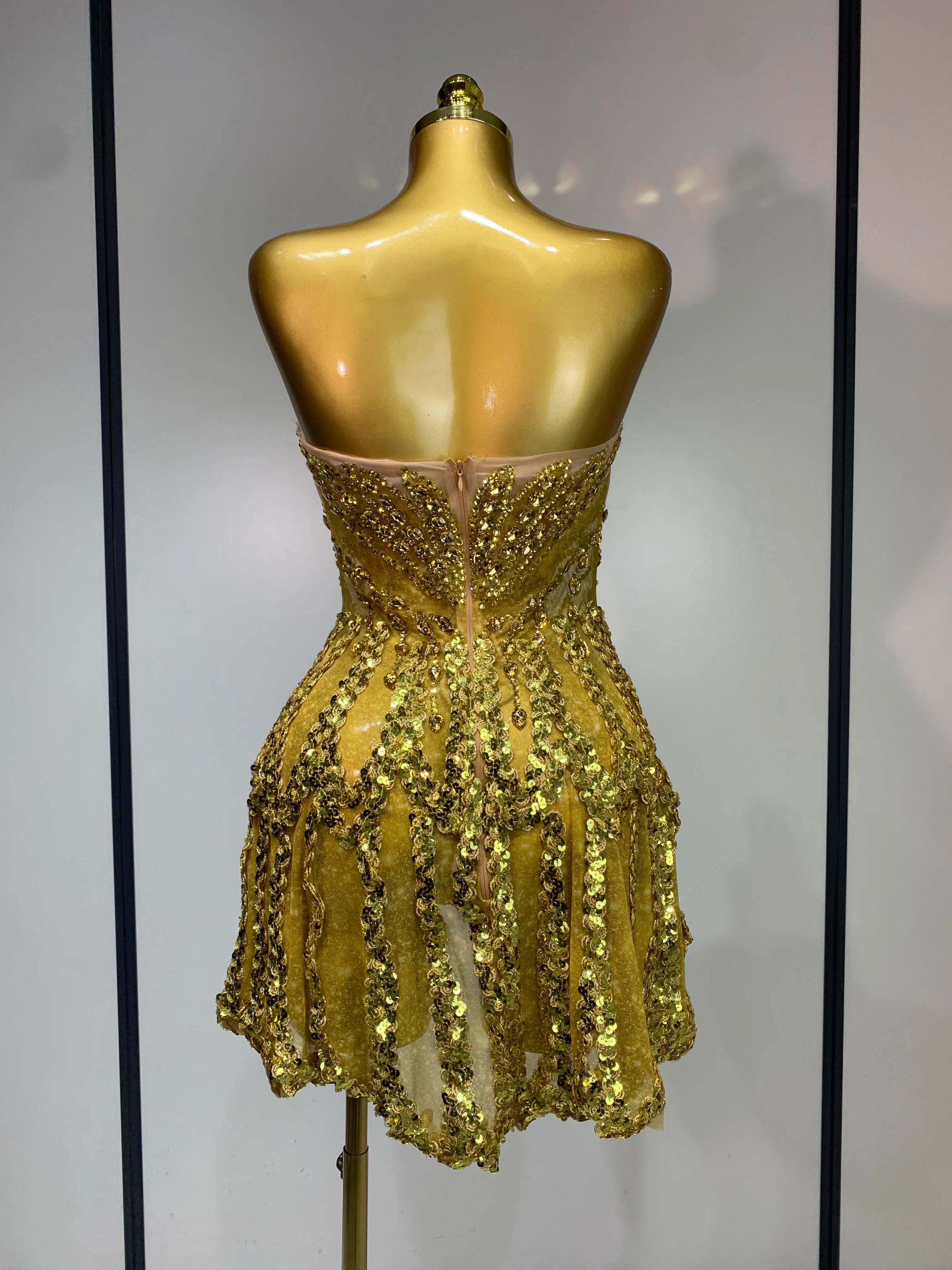Luxury Gold Sparkly Sequins Diamonds Mini Dress Birthday Dress Women Sexy Performance Costume Singer Stage Nightclub Outfit