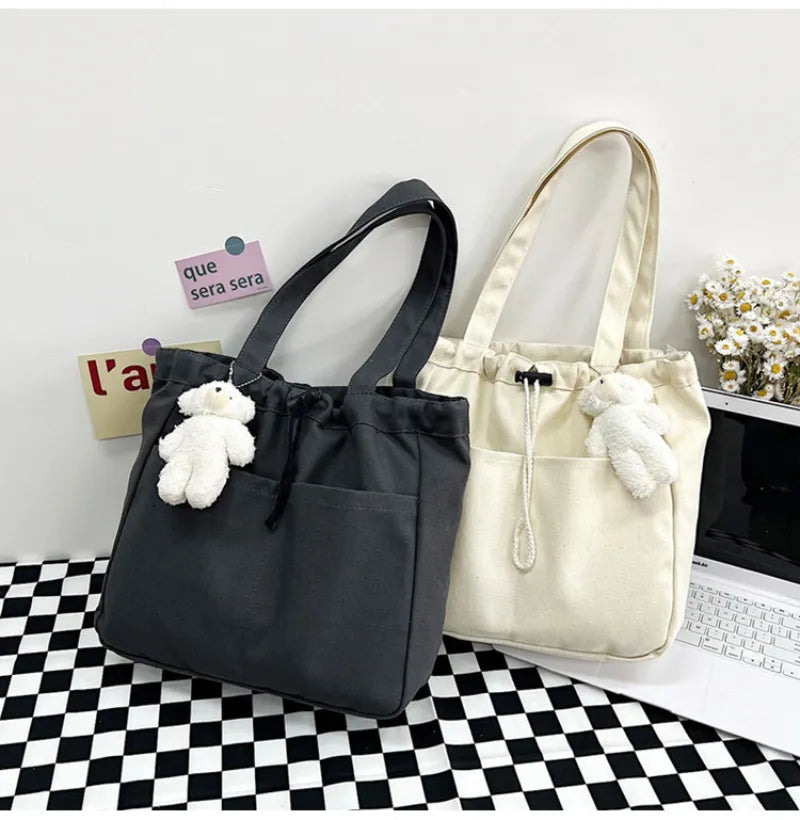 Women's Solid Color Casual Drawstring Bundle Mouth Tote Bag Fresh Fashion Large Capacity Canvas One Shoulder Hand Bags for Women