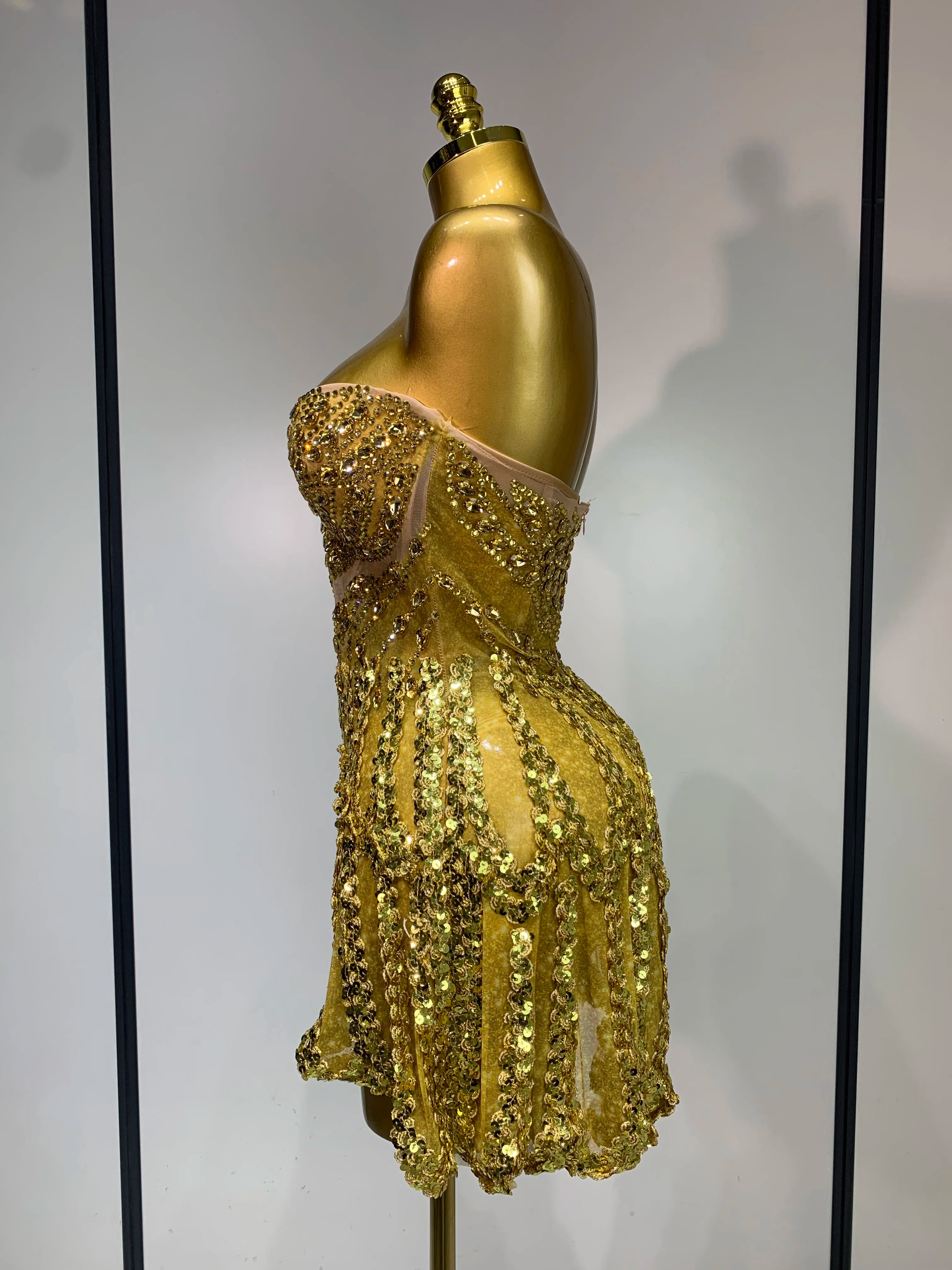 Luxury Gold Sparkly Sequins Diamonds Mini Dress Birthday Dress Women Sexy Performance Costume Singer Stage Nightclub Outfit