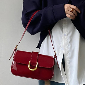 Retro Patent Leather Shoulder Bag For Women Luxury Flap Crossbody Bag Solid Color Underarm Bag Red Crossbody Bag Lady Handbag
