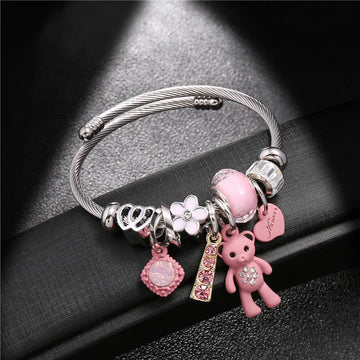 Bracelets de mode et bracelets en acier inoxydable bijoux de bricolage grand ours rose coeurs coeurs aime le bracelet féminin Charms Pulseras