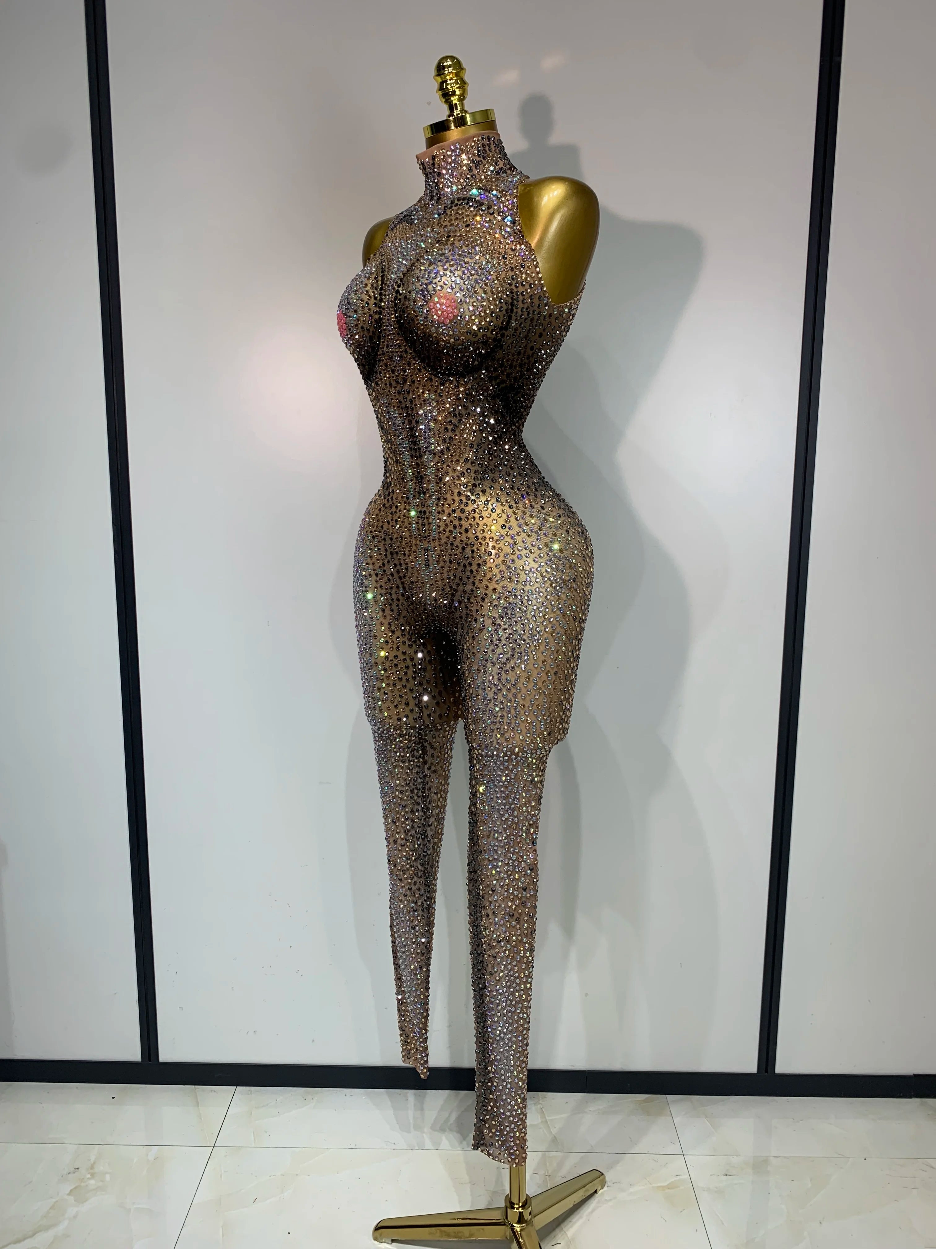 Luxury Rhinestones Mesh See Through Bodycon Jumpsuit Sparkly Nightclub Birthday Party Singer Dancer Stage Performance Costume
