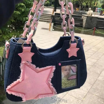 Y2k  Retro Handbags Pu Leather Star Buckle Shoulder Bag Denim Fashion Underarm Bags Vintage Style Women'S Bag