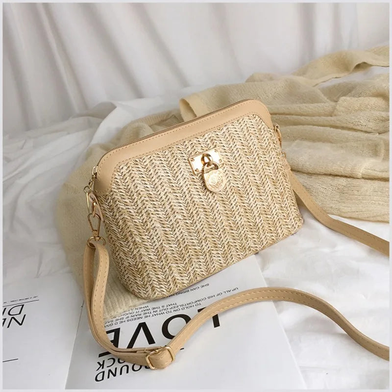 Summer Straw Crossbody Bags For Women 2024 Handmade Woven Shell Handbags Soft PU Leather Shoulder Bags Female Bohemia Beach Bag