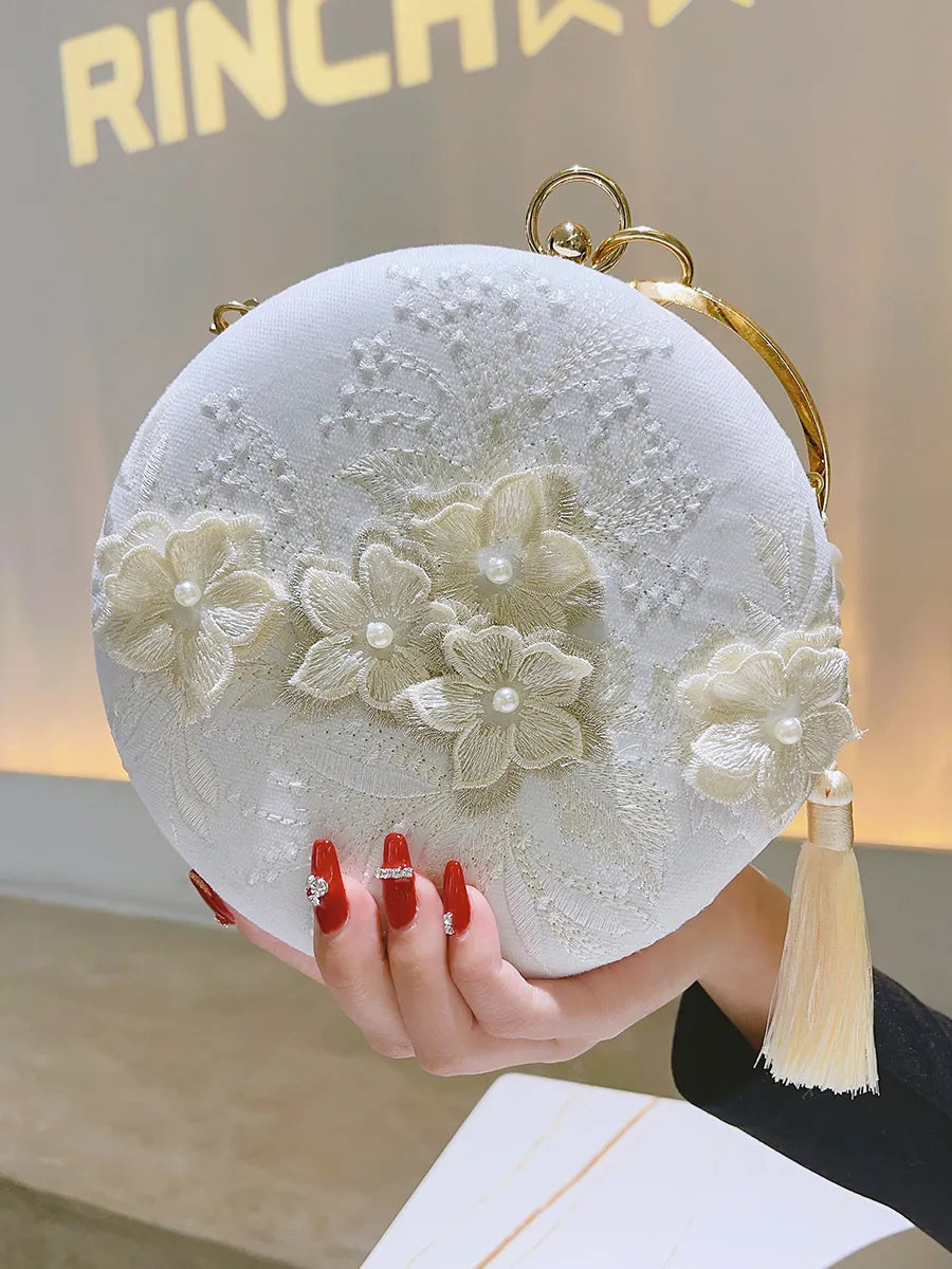 Embroidery Handbag Classical Floral Round Evening Bag Chinese Style For Woman Clutch Wedding Purse Party Banquet Flower Bag