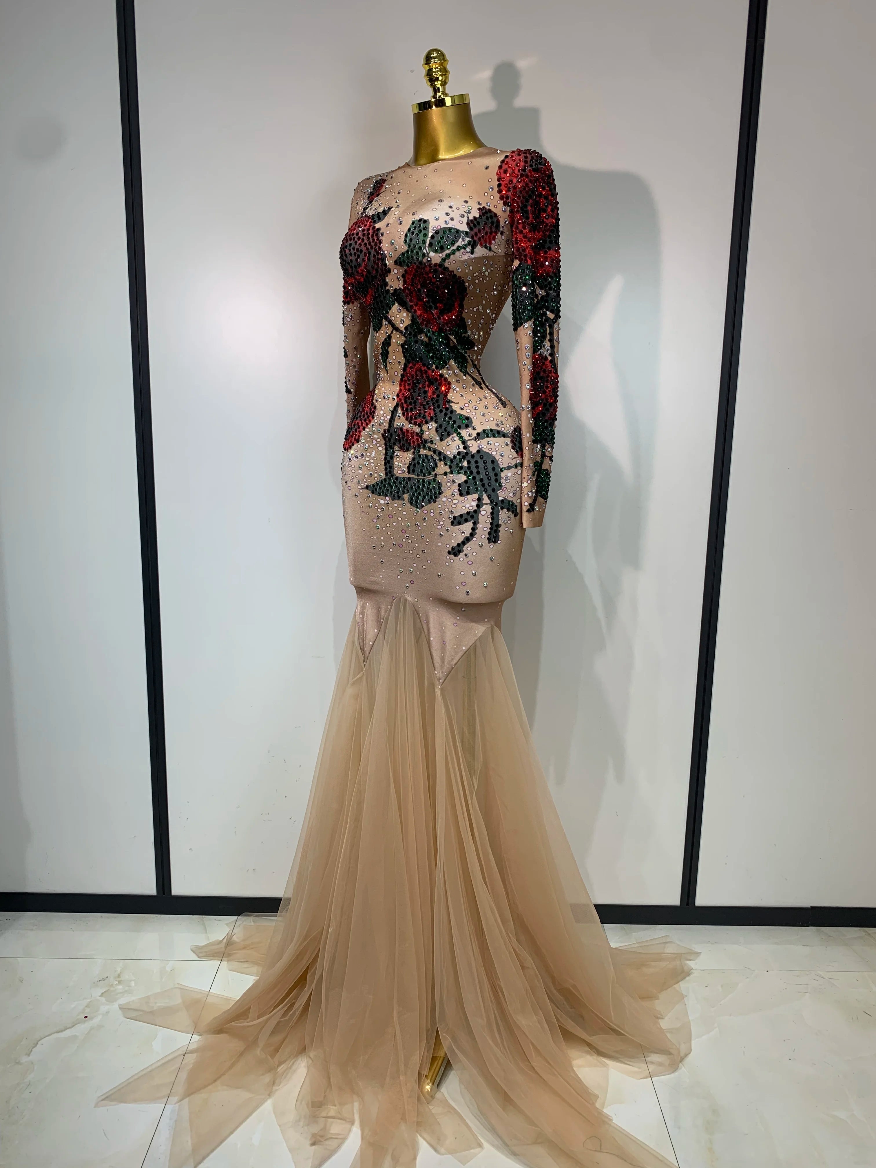 Sexy Shiny Rhinestone Rose Floral Maxi Long Dress Women Eveing Celebrate Birthday Party Nightclub Stage Performance Costume