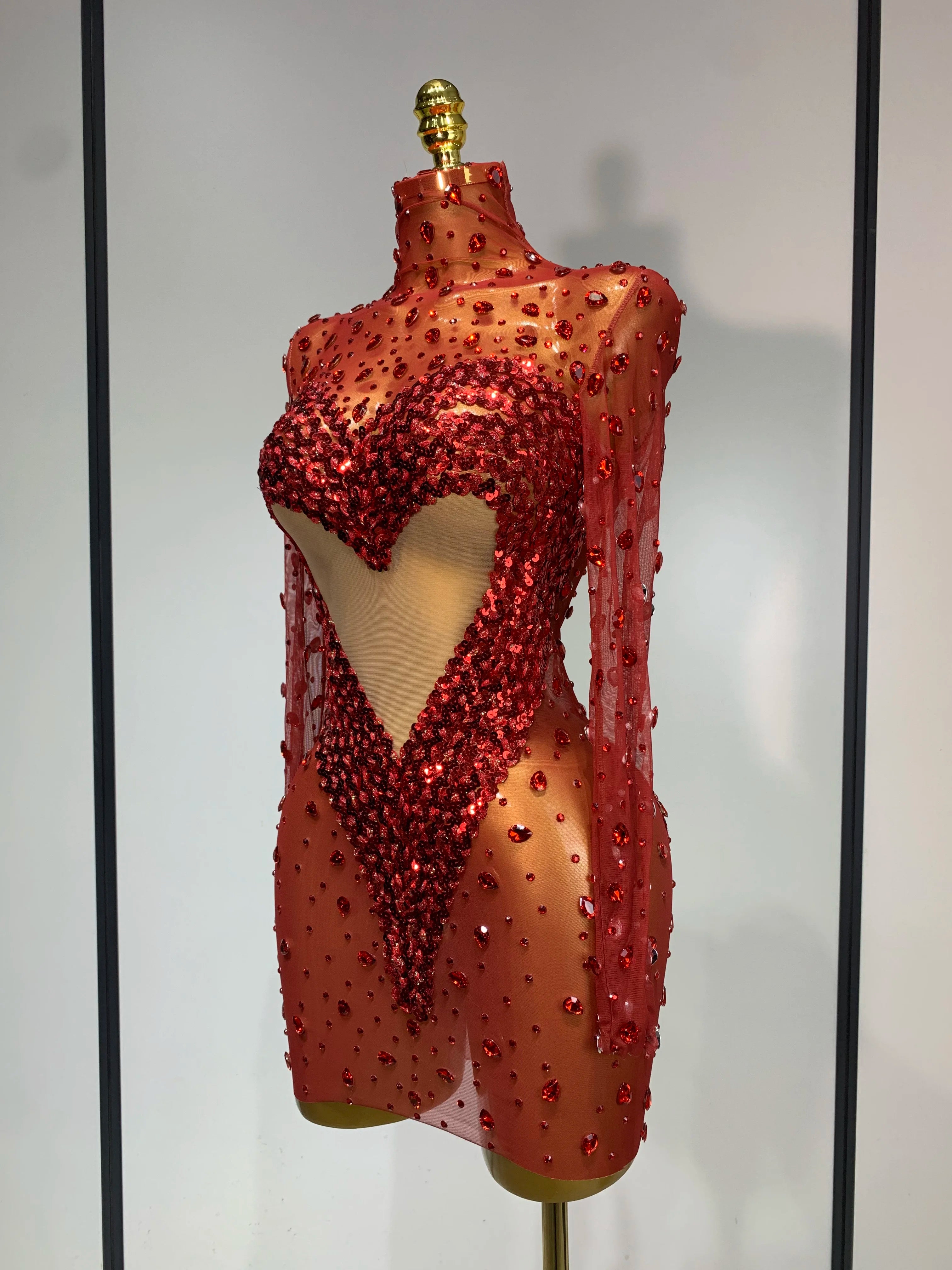 High Quality Rhinestone Sequin Sexy See Through Mesh Mini Dress Women Evening Party Nightclub Singer Stage PerformanceCostume