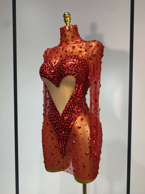 High Quality Rhinestone Sequin Sexy See Through Mesh Mini Dress Women Evening Party Nightclub Singer Stage PerformanceCostume