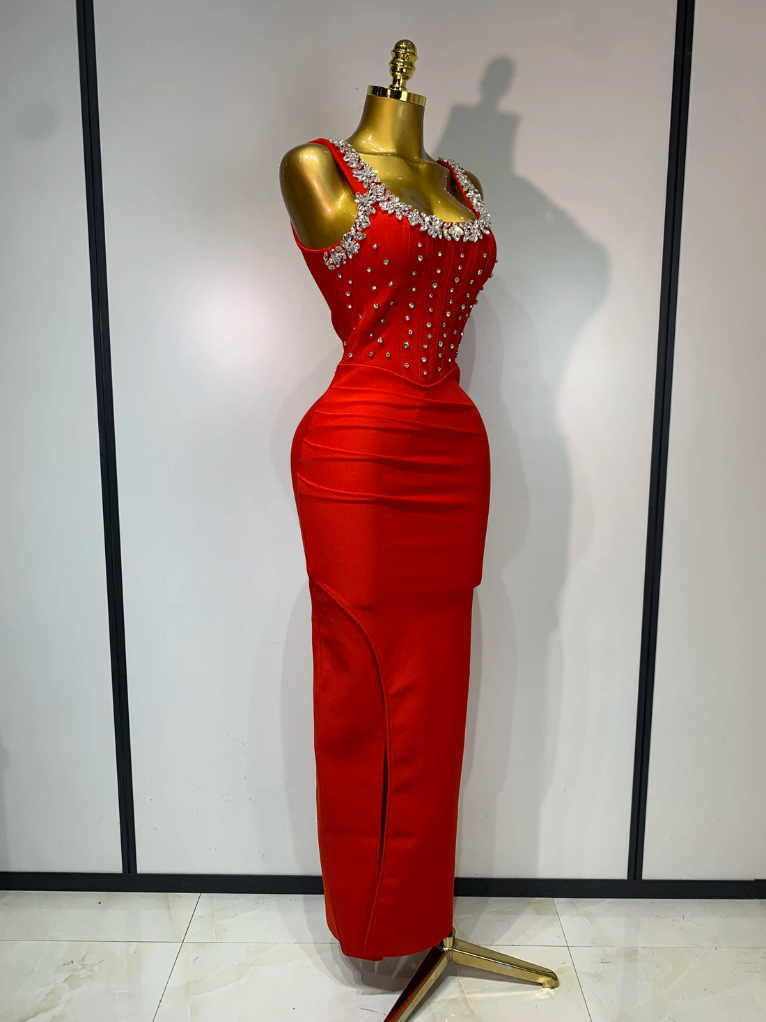 Women Sexy Sleeveless Beading Red Maxi Long Bodycon Bandage Dresses Birthday Party Elegant Knitted Dress Wedding Guest Gowns