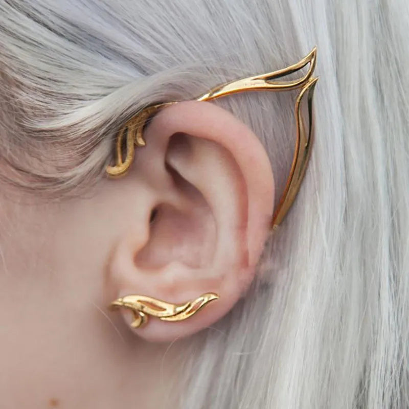 Unique Fairy Elf Ear Clip Earring Fashion Punk Alloy Ear Cuff Silver Plated Fake Piercing Desinger Clip On Earing Jewlery