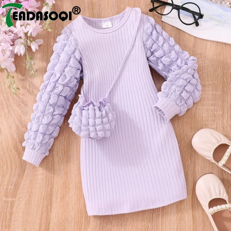 3-7Y Children Autumn Winter Long Sleeve Puffy Bubble Sleeve Pit With Bag Solid Color Baby Dress Set For Kids Girls Clothing
