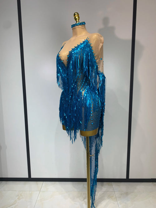 Blue Rhinestone Tassel See Through Mesh Dress Stage Performance Clothes Luxury Birthday Evening Parrty Photo Shoot Dress