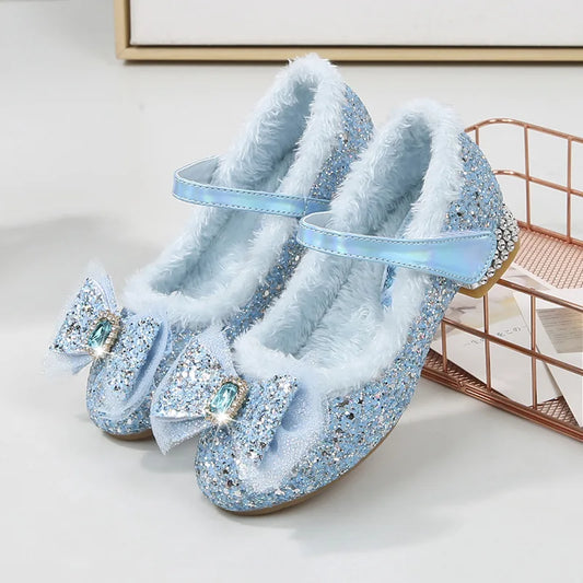 Disney Girls' High Heels Women Treasure Crystal Shoes Winter Children's Plush Fashion Bow Frozen Princess Elsa Shoes Size 23-36