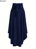 New Women's Fashion Elegant Split Hem Skirts Irregular Design Pleated Maxi Skirt High Waist Solid Lace-up Party Long Dress Femme