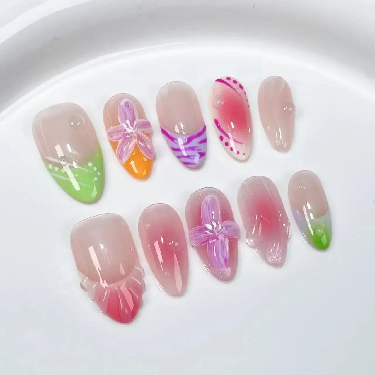 10Pcs Blue Handmade Almond Press on Nails French Design Rhinestone Full Cover Fake Nail Glitter Manicure Wearable Nail Tips Art