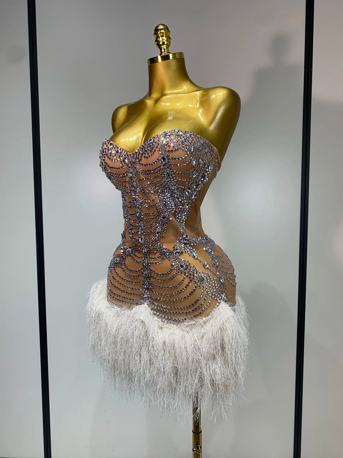 Women Sexy Strapless Backless Silver Diamonds Mini Dress Birthday Party Costume Bar Nightclub Singer Stage Performance Costume