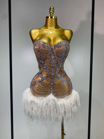 Women Sexy Strapless Backless Silver Diamonds Mini Dress Birthday Party Costume Bar Nightclub Singer Stage Performance Costume