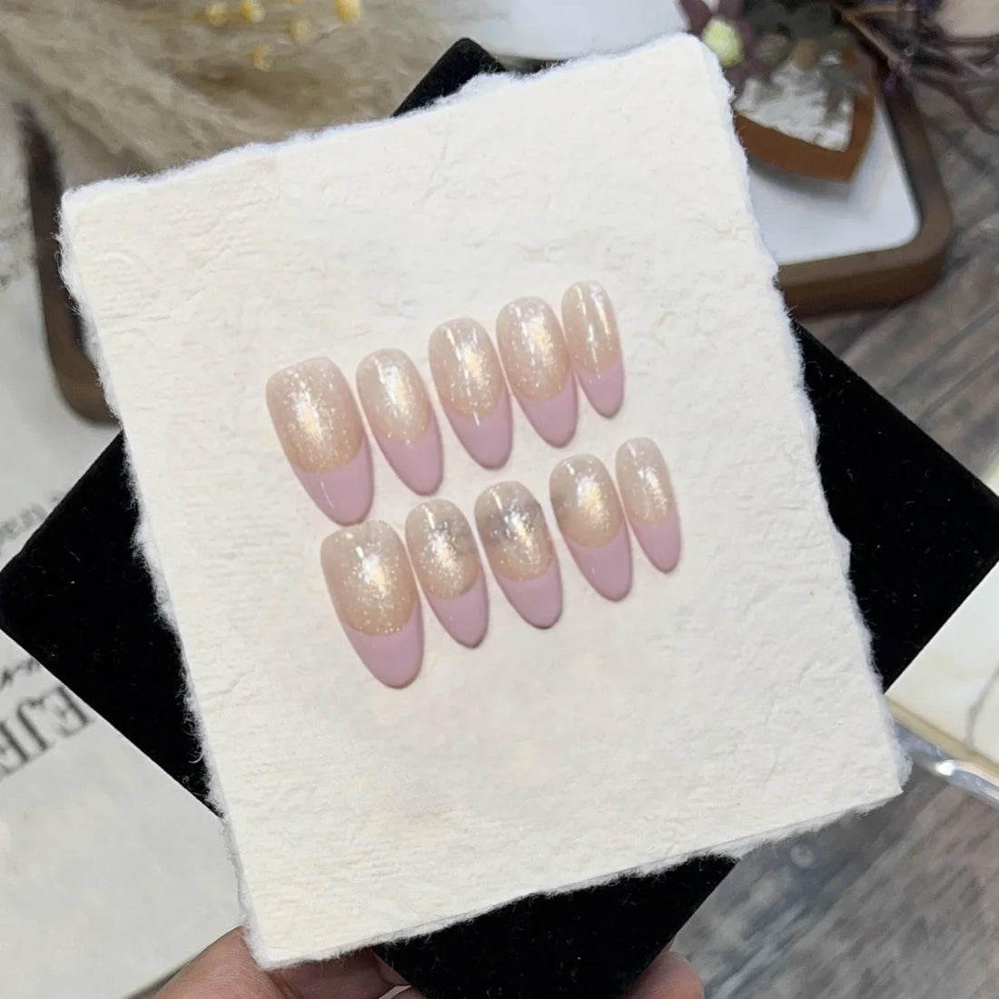 10Pcs Ballerina French Handmade Press on Nails Simple Cat Eye Gel Nail with Glue Oval Full Cover False Acrylic Nail Manicure Tip