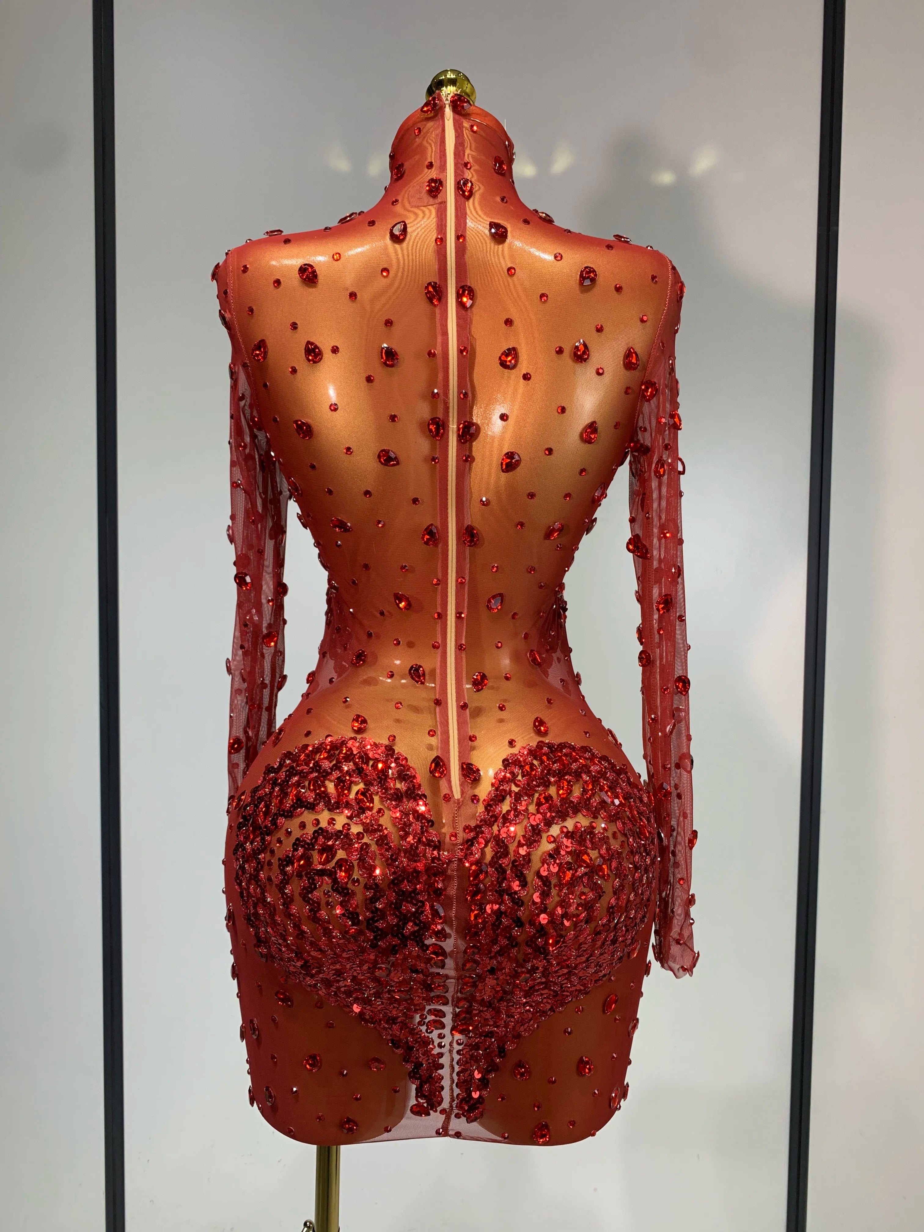 High Quality Rhinestone Sequin Sexy See Through Mesh Mini Dress Women Evening Party Nightclub Singer Stage PerformanceCostume