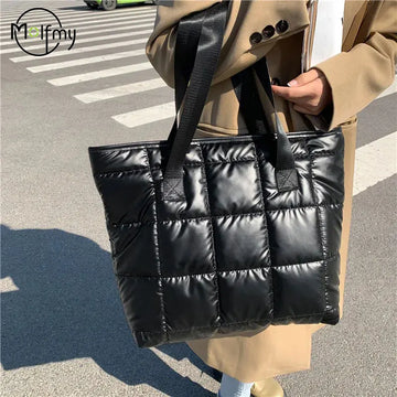 Waterproof Tote Bag for Women Puffer Cotton Padded Shoulder Bag Large Capacity Ladies Handbags Quilted Work Commute Shopping Bag