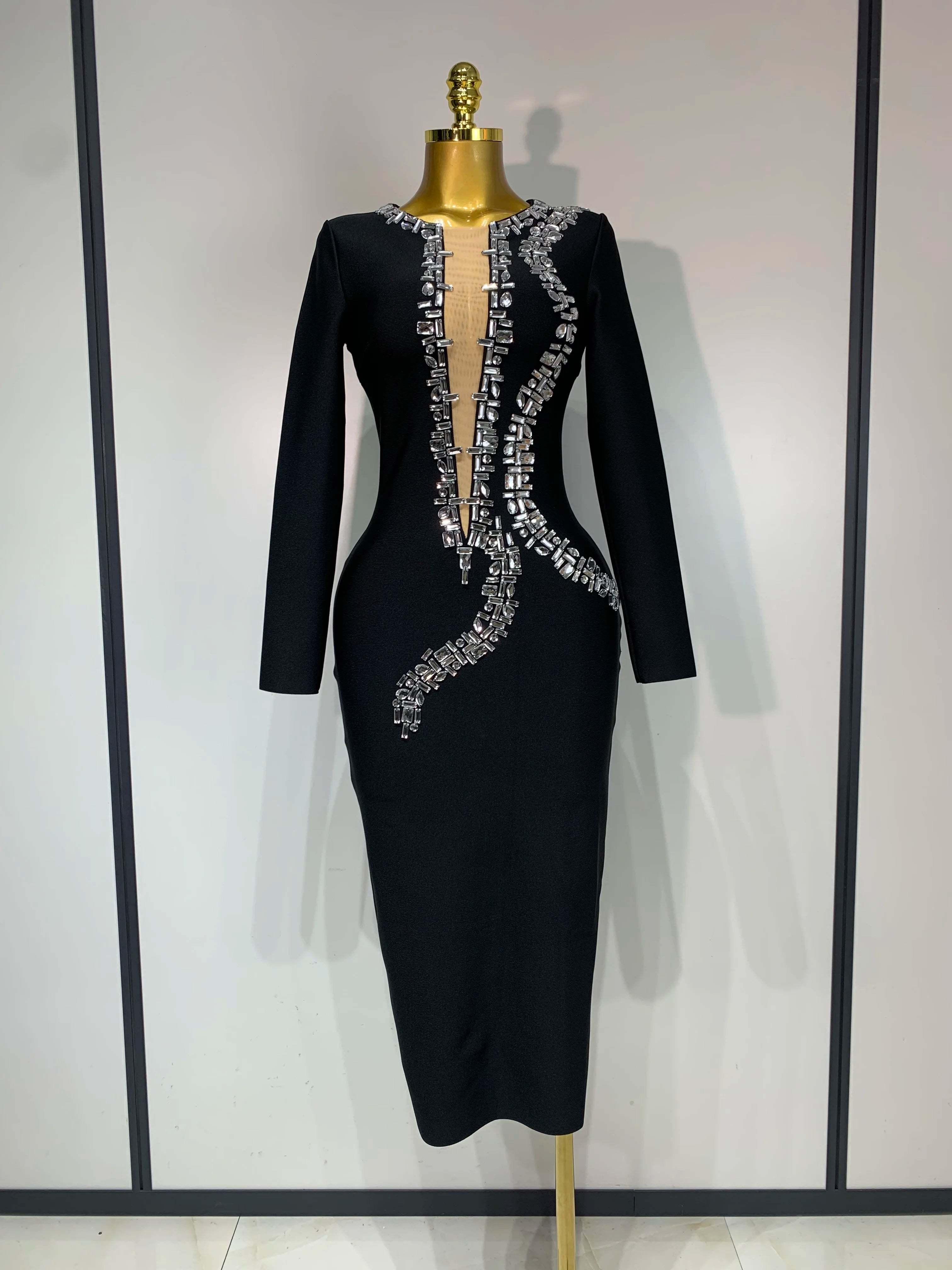 Sparkly Diamond Long Sleeve Bodycon Bandage Dresses Luxury Birthday Dresses Women Elegant Evening Party Wedding Guest Gowns