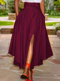 New Women's Fashion Elegant Split Hem Skirts Irregular Design Pleated Maxi Skirt High Waist Solid Lace-up Party Long Dress Femme Deep Red