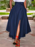 New Women's Fashion Elegant Split Hem Skirts Irregular Design Pleated Maxi Skirt High Waist Solid Lace-up Party Long Dress Femme Deep Blue