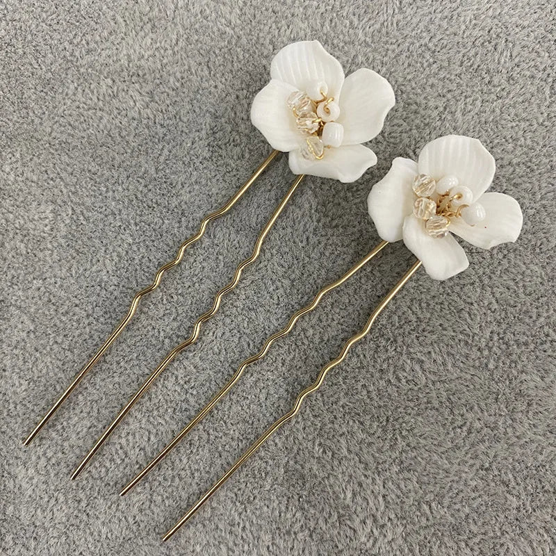 6PCS White Ceramic Flower Wedding Hair Pins Women Jewelry Accessories Handmade Head Decoration Tiara Ornament Silvery Color