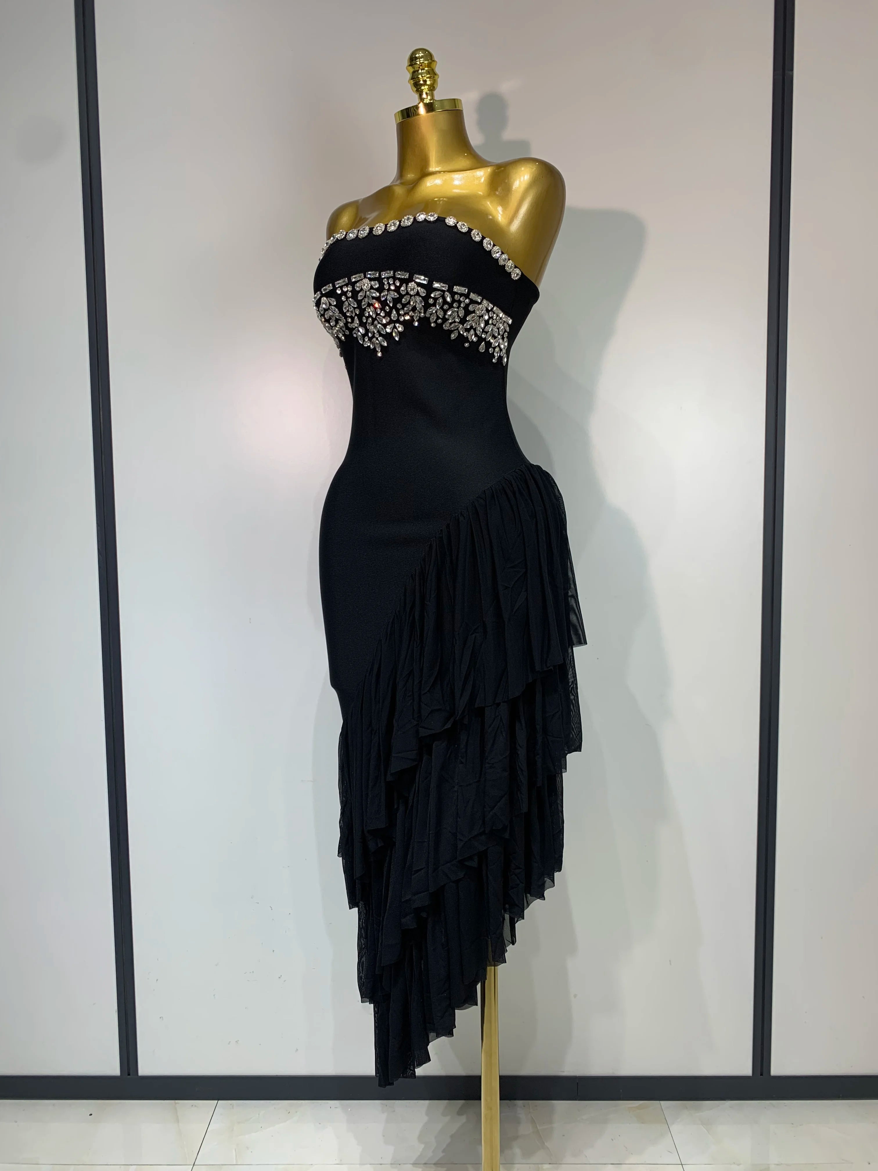 Sexy Strapless Mesh Patchwork Bodycon Bandage Dresses Celebrity Elegant Black Diamonds Slim Evening Party Club Birthday Dress