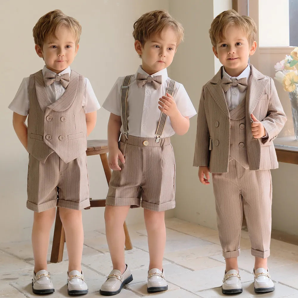 Children's Khaki Striped Suit Set Boy's Suspenders Long Shorts Vest Shirt Bowtie Clothes Kids Wedding Birthday Party Costume