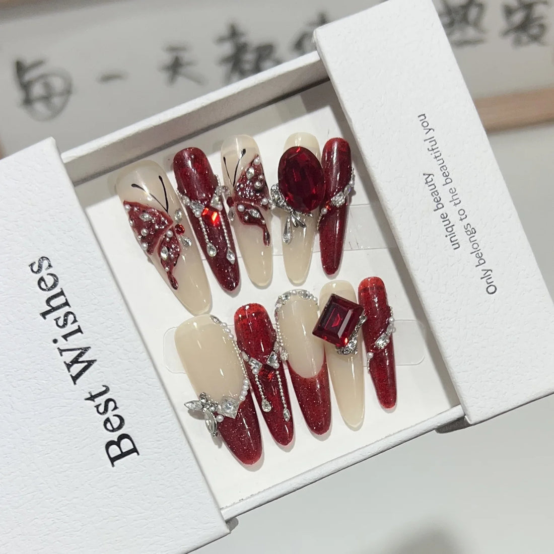 10Pcs Handmade Wine Red Fake Nails with Butterfly Rhinestone Design Long Almond Detachable Fashion Manicure Full Cover Nail Tips