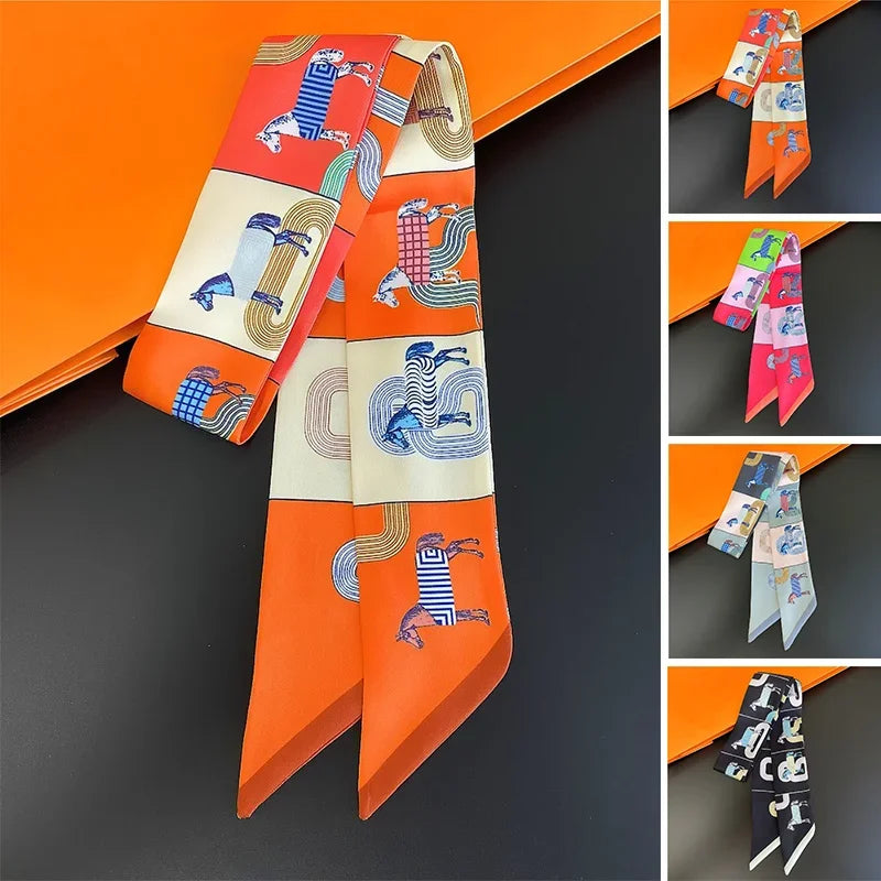 Design de luxe Skinny Silk Ribbon Scharps pour femmes Imprimé de cheval Soft Satin Neckerchief Feme Feme Band Coulard Couc Sac