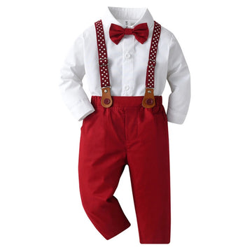 Solid 4 PCS Wedding Costume for Boy Classic White Shirt with Star Printed Suspender Set Children Kid Autumn Birthday Outfit