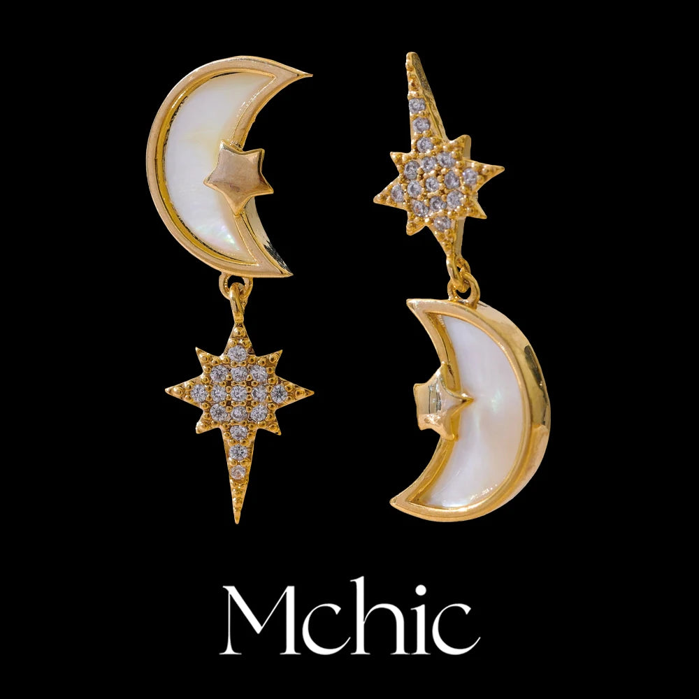 MCHIC Delalicat Natural Shell Zircon Moon North North Star Asymétric Drop Boucles d'oreilles Copper Metal Girl Daily Bielry Poldalry Gift