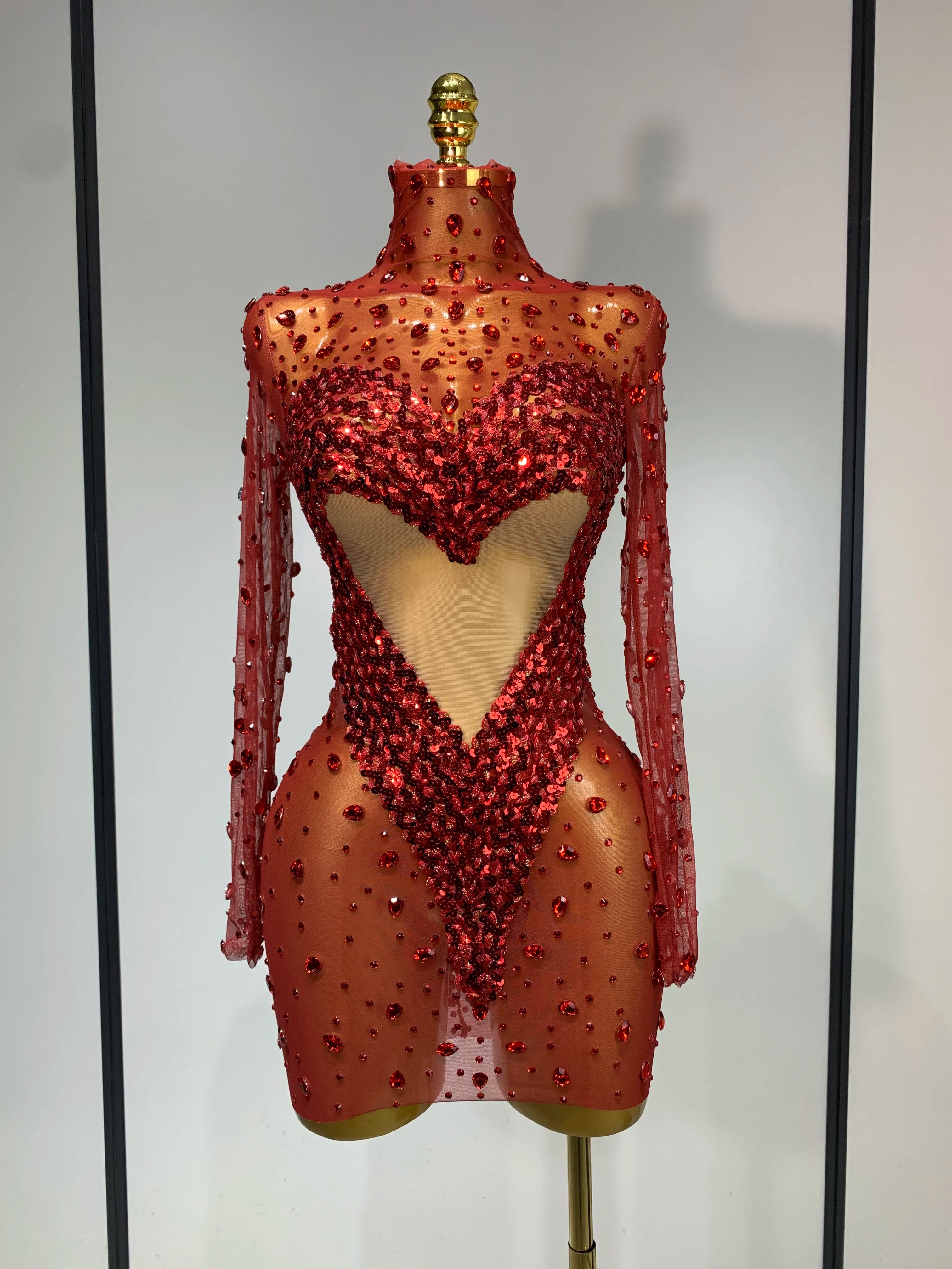High Quality Rhinestone Sequin Sexy See Through Mesh Mini Dress Women Evening Party Nightclub Singer Stage PerformanceCostume